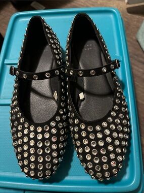 Girls Black Rhinestone Mary Jane Flats